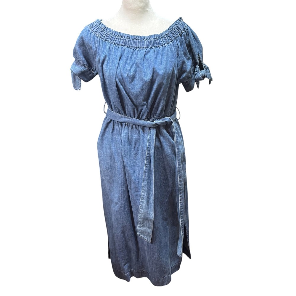 J.Crew Blue Chambray Denim Off Shoulder Tie Sleeve Belted Midi Dress 4  #948